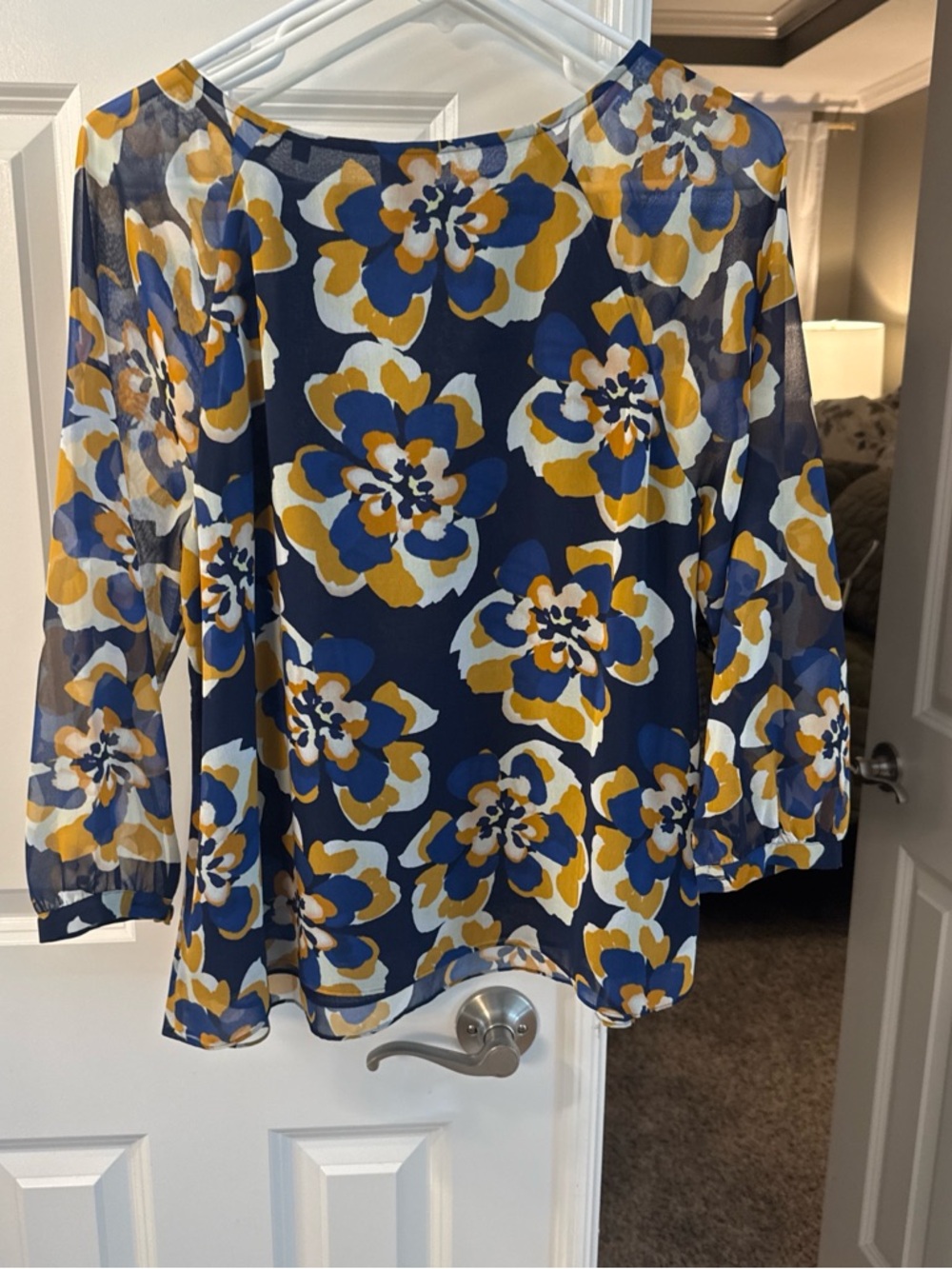 CAbi Navy Floral Top with Blue & Mustard Blooms